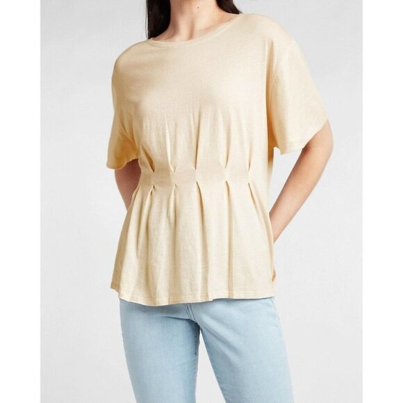 Express Short Sleeve Pleated Front Tee Neutral Oversized Crewneck Size Large NWT - Picture 1 of 8